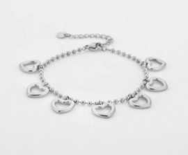 RVS (stainless steel) bolletjes armband met hart bedels. Zilver- of  Goudkleurig.