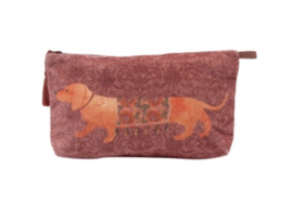 Mooie fluwelen teckel clutch / toilettas van Imbarro. print Dash, oudroze.