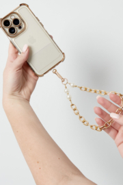 Telefoon sieraad / hanger goud / imitatie parels.