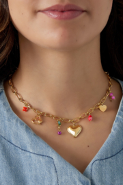 Grove RVS (stainless steel) ketting met hart / kleur bedels. Goudkleurig.