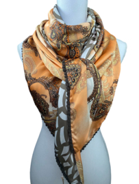 Zacht oranje groot Paisley design / offwhite-taupe dessin,  couture sjaal