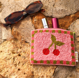 Handgemaakt mini tasje (toilet tasje) Kraaltjes roze. KERSEN