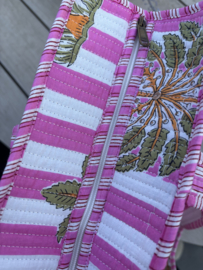 Tote bag / katoenen shopper met rits. Roze / Wit, palmbomen .