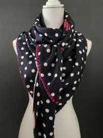 Fuchsia kleurrijke print  / navy-wit stip dessin. Couture sjaal