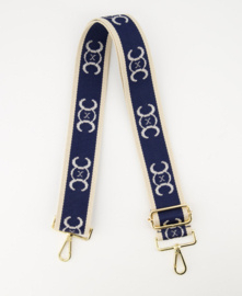 Schouderband / cameraband / tassenriem met goud lurex letters. Navy / gouden gespen