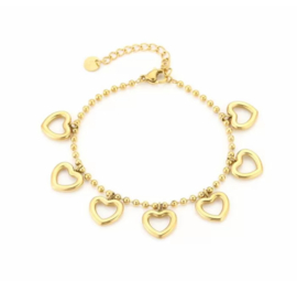 RVS (stainless steel) bolletjes armband met hart bedels. Zilver- of  Goudkleurig.
