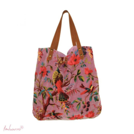 Mooie fluwelen shopper van Imbarro. Lila / roze. Paradise print.