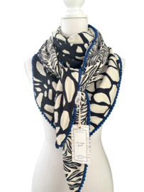 2 x verschillend offwhite-zwart dessin / kobalt blauw bolletjes band. Couture sjaal.