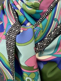 Blauw - Groen - Roze retro design / zwart - wit blokje, couture sjaal