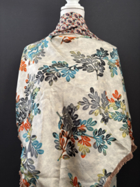 Ecru-turquoise-oranje blaadjes dessin / retro pauwen print achterkant. Couture sjaal.