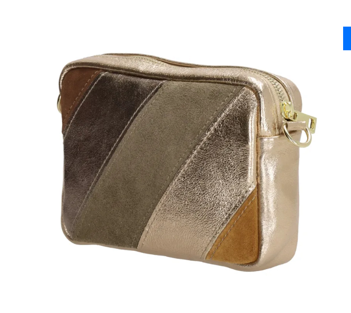 Rechthoekig Rainbow tasje. Bruin-rosé gold-army green.