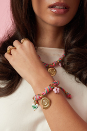 Multi colours zomer touw-armband met RVS (stainless steel) Goudkleurig