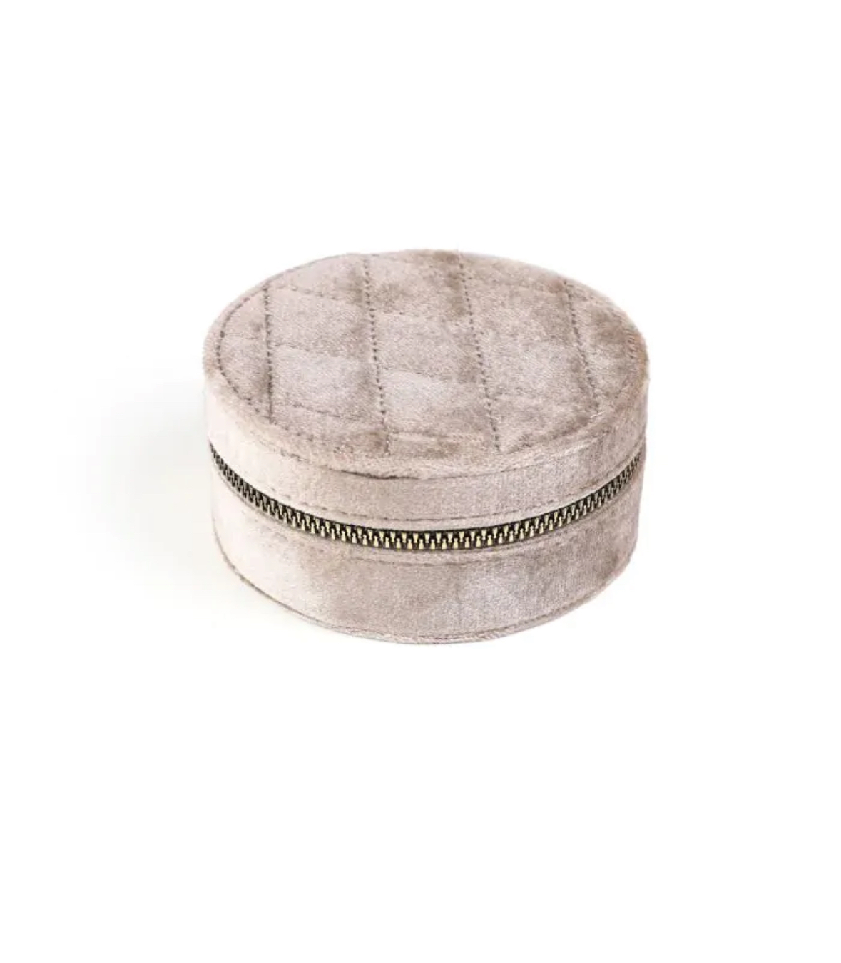 Sieradendoosje rond. Beige velvet stof doorgestikt.