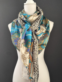Camel - beige - Aqua kettingen design / mini dieren print,  couture sjaal