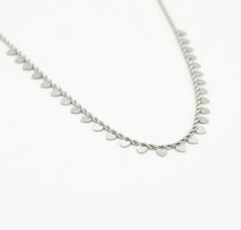 RVS (stainless steel) ketting, fijne gedraaide schakel. Mini hartjes bedeltjes. Zilverkleurig.