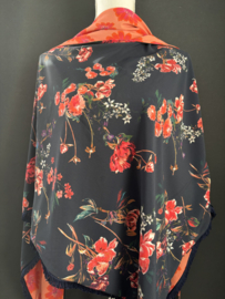 Navy-rood-oranje bloem dessin / koraal oranje bloemen print achterkant. Couture sjaal.