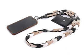 Telefoon koord. Imitatie leer gevlochten. Zwart, / creme / champagne combi. + inlay card