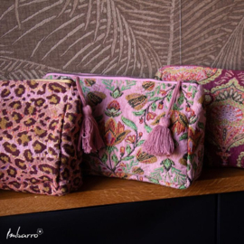 Imbarro, jacquard geweven toilettas Ombra met luipaard dessin. Roze - bordeaux.