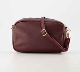 Echt leer tasje, bordeaux rood / burgundy. Gouden ritsen.