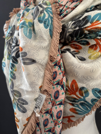 Ecru-turquoise-oranje blaadjes dessin / retro pauwen print achterkant. Couture sjaal.