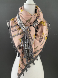 Roze-grijs-okergeel classic dessin / grijs panter dessin, couture sjaal.