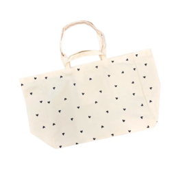 Grote tas / shopper van ecru katoen met zwarte hartjes print.
