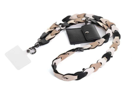 Telefoon koord. Imitatie leer gevlochten. Zwart, / creme / champagne combi. + inlay card