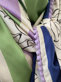 Blauw, ecru, groen, lila streep design / offwhite-taupe dessin,  couture sjaal