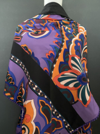 Wat dikkere sjaal paars-oranje retro dessin / zwarte mini stip couture sjaal