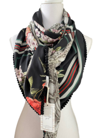 Licht transparant vierkant patroon/bloemen dessin met taupe snake achterkant, couture sjaal