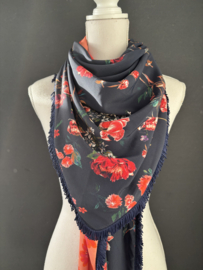 Navy-rood-oranje bloem dessin / koraal oranje bloemen print achterkant. Couture sjaal.