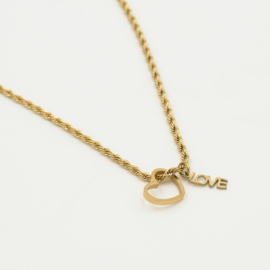 Stainless steel ketting, bedels “hart” en “love”. Goud.