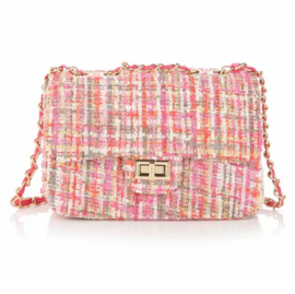 Bouclé tas à la Chanel met ketting hengsel. Roze combi.