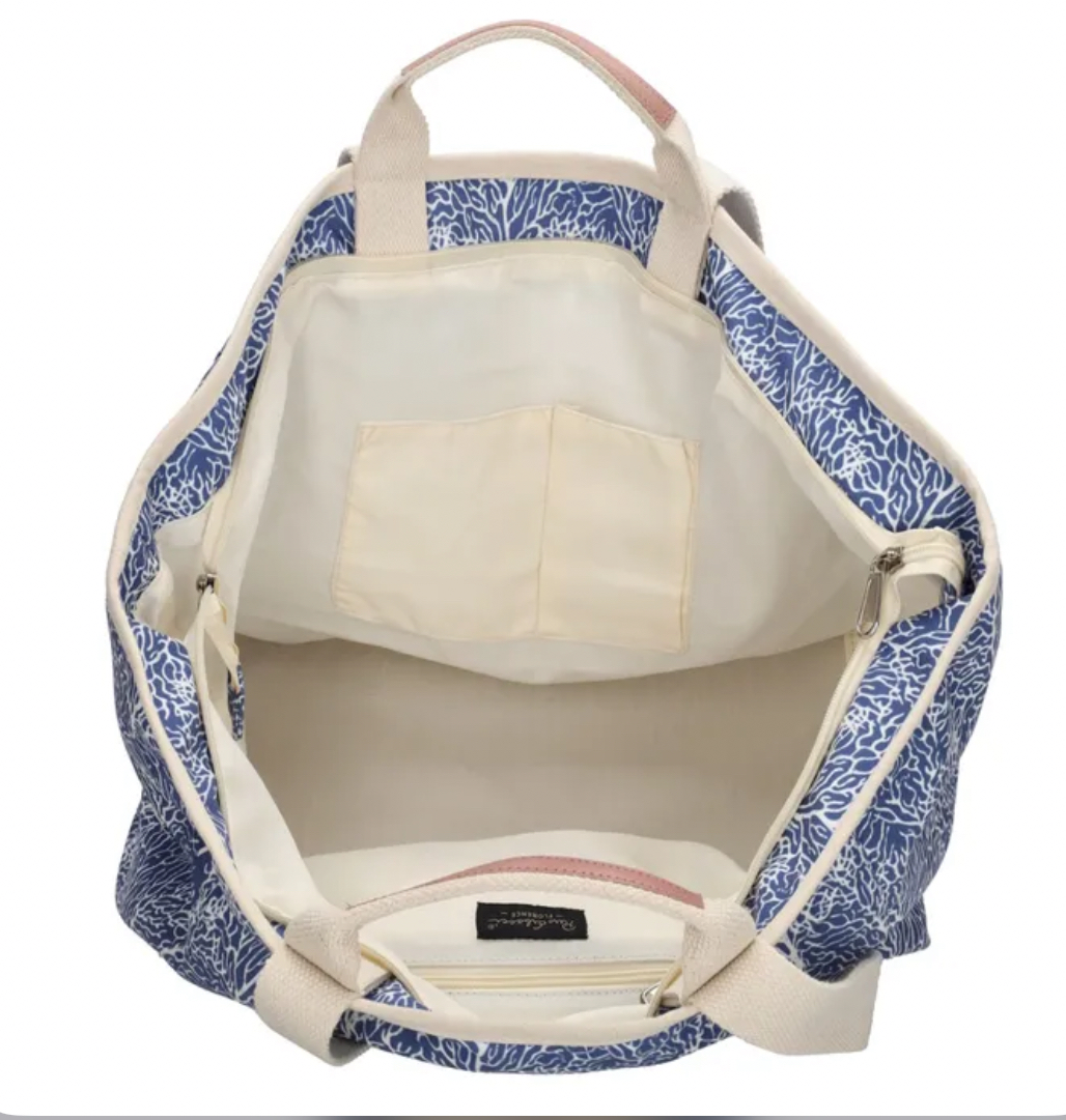 Grote strandtas. Blauw - wit print / ecru hengsels.