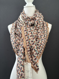 Ecru-turquoise-oranje blaadjes dessin / retro pauwen print achterkant. Couture sjaal.