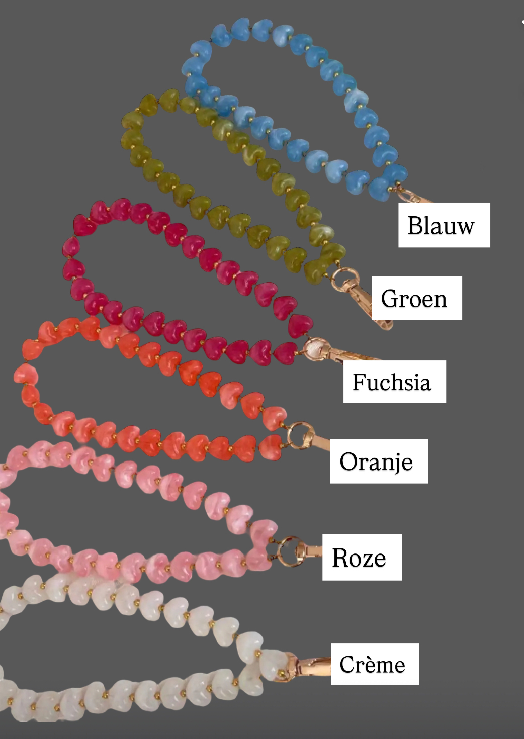 Telefoon sieraad / hanger kleine hartjes. Verschillende kleuren