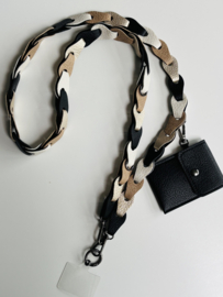 Telefoon koord. Imitatie leer gevlochten. Zwart, / creme / champagne combi. + inlay card