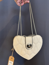 Imitatie leren tasje hart. Crème wit. Dubbele ritsen. Zilver.