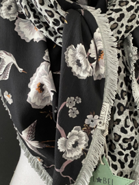 Navy kraanvogels / bloemen - Grijze panter print, couture sjaal.