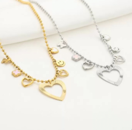 Chunky RVS (stainless steel) ketting met veel bedels.  Zilver of goud