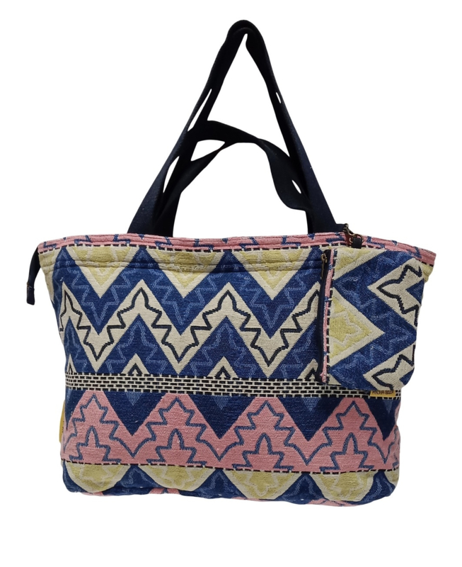 Mycha Ibiza Mega super grote strandtas minitasje Blauw Geel Roze jacquardstof