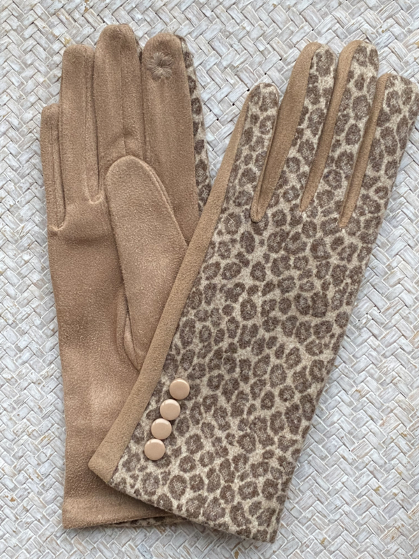 Handschoenen, stretch suedine. Mini Luipaard / panter. Bruin