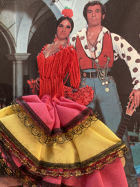 Spanje | Kaarten | ROZE-GEEL | Geborduurde kaart flamenco dansers  met geel, roze en bruin stoffen rokje