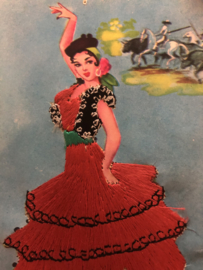 VERKOCHT | Spanje | Kaarten | Geborduurde kaart van flamenco danseres (rood) met rode jurk - Andalusië