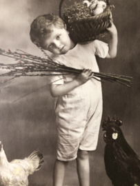 Ansichtkaart | Frankrijk | Jongens | Pasen | 'Hereuses Paques' EKP 1350 - Vrolijk jochie met bloesem en kippen (ca. 1900-1910)