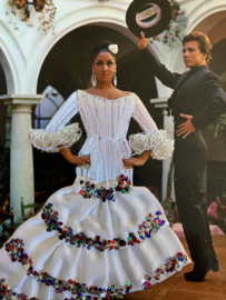 VERKOCHT | Spanje | Kaarten | WIT-GLITTER | Geborduurde kaart flamenco dansers  (stoffen rokje )