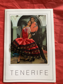 VERKOCHT | Geborduurde souvenir kaarten | Spanje | Rood | Tenerife - Spaanse stoffen rokje kaart flamenco danseres
