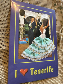 Geborduurde souvenir kaarten | Spanje | Groen | Tenerife - Dubbele kaart I ❤️ Tenerife - Spaanse stoffen rokje kaart flamenco dansers