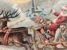 Kerstkaarten | Victoriaanse stijl  blanco kerstkaart of cadeau label 'A Merry Christmas' | Kerstman met rendieren en arrenslee