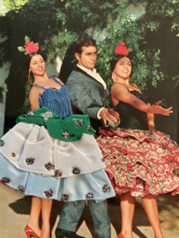 Spanje | Kaarten | GROEN-WIT | Geborduurde kaart flamenco dansers  met groen, wit en lichtblauw rokje